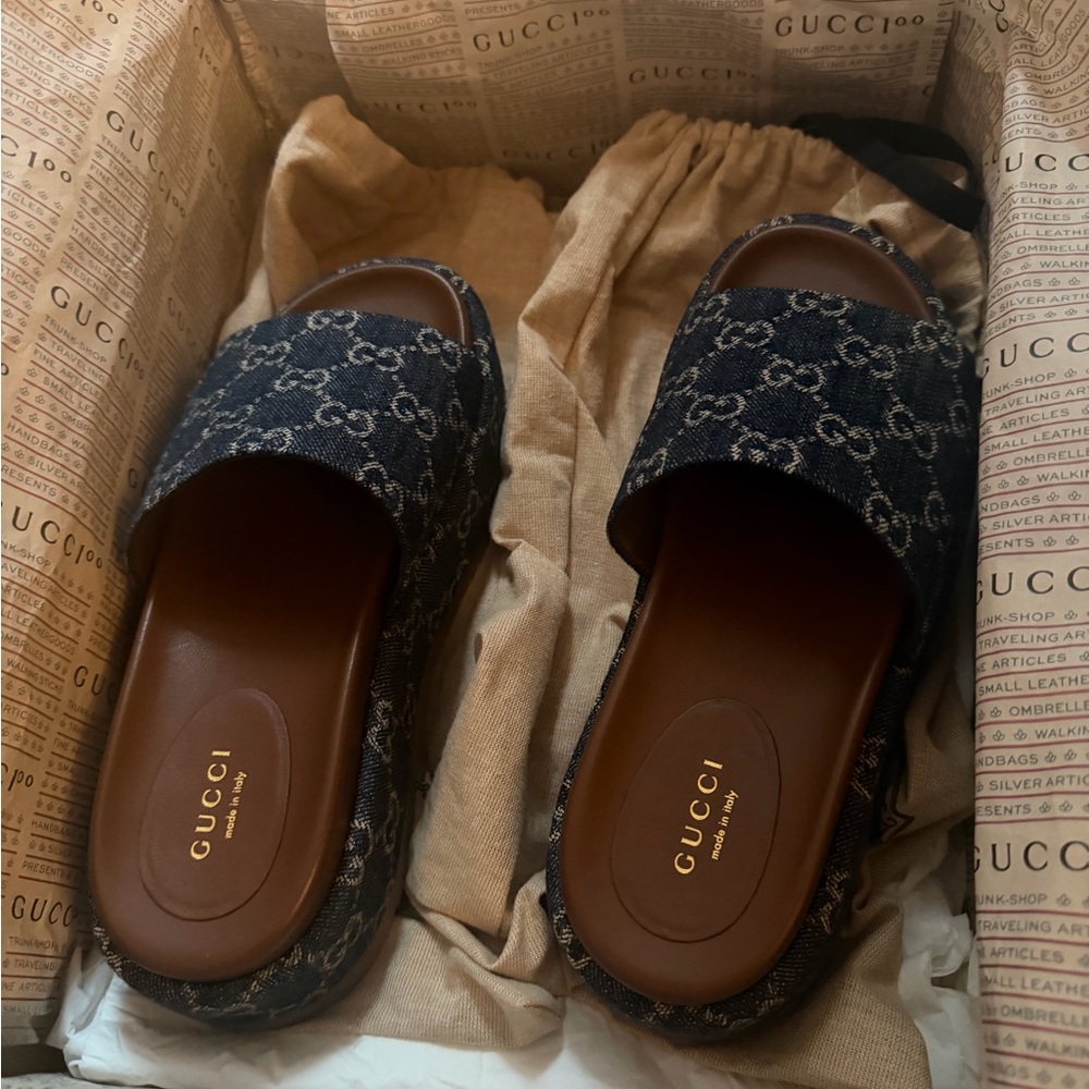 Gucci Women's Dark Blue Monogram Slide Sandals